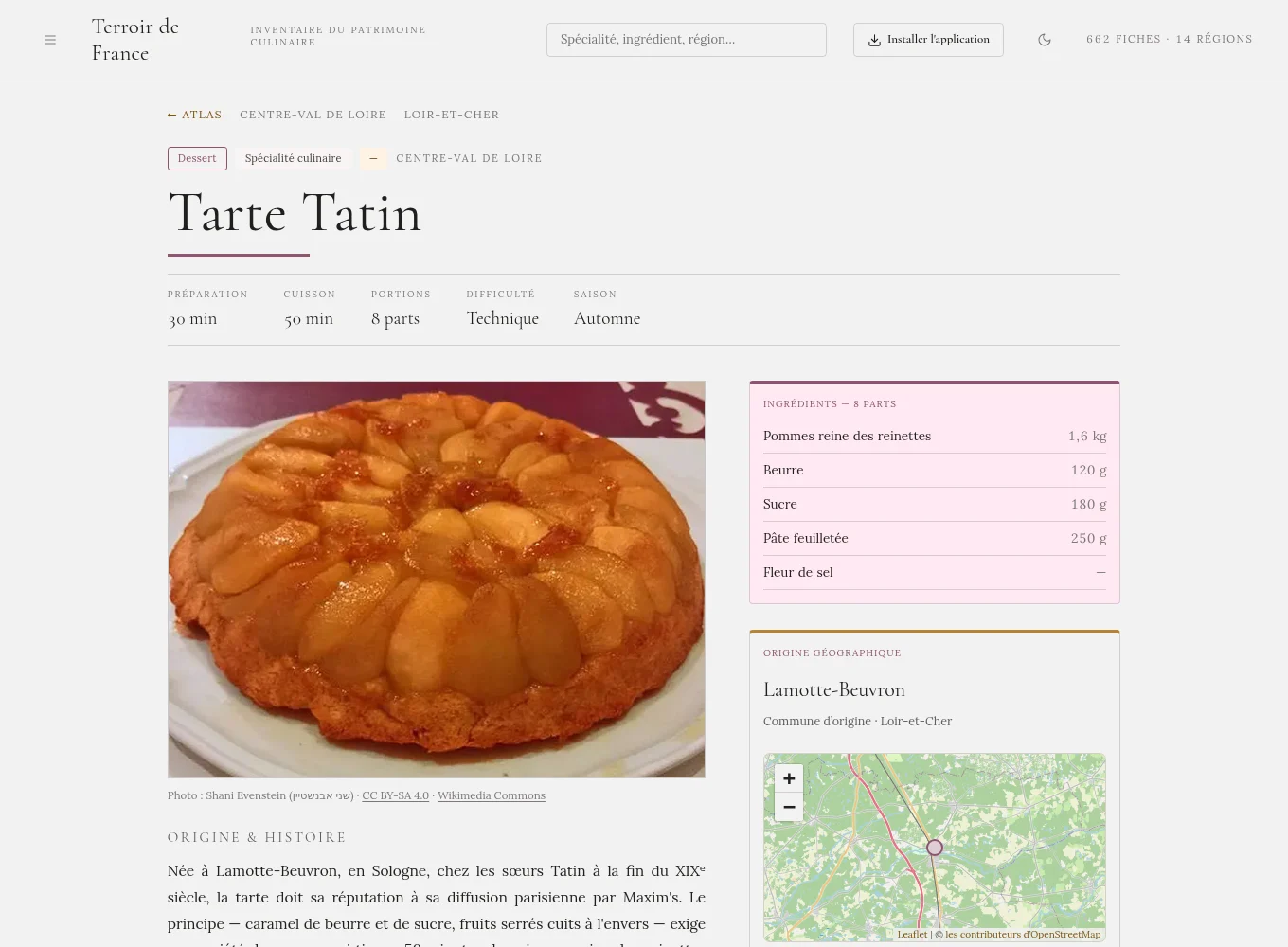 Capture d'une fiche de recette sur ordinateur : la tarte Tatin, avec ses temps de préparation et de cuisson, ses portions, sa photo et ses ingrédients